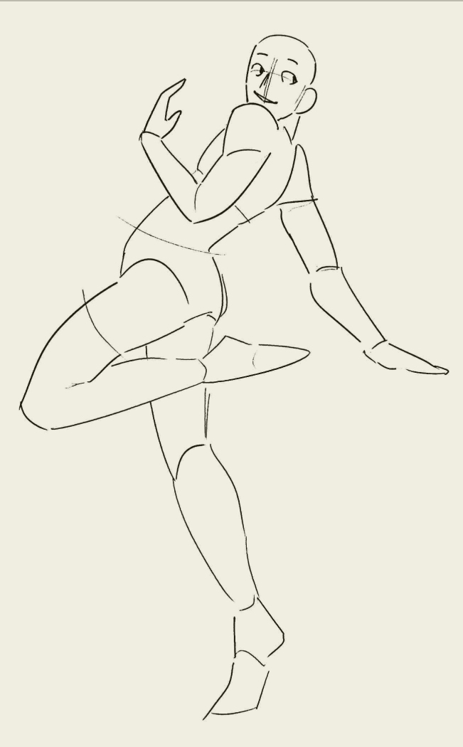 a simple line drawing of a woman in a pose, with a leg bent up and the foot behind the knee.  the woman's hand is on her hip.  the drawing is stylized and doesn't include a face.  the line work is thin and a bit shaky.
