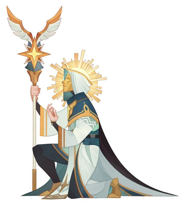 he image depicts a kneeling figure, seemingly a priest or holy person, garbed in white and blue robes. they hold a tall, ornate staff topped with a stylized star and wing design, radiating bright, golden light. the figure's head is surrounded by a halolike glow, further emphasizing their holy nature. the overall style is reminiscent of fantasy illustration with a focus on religious iconography.