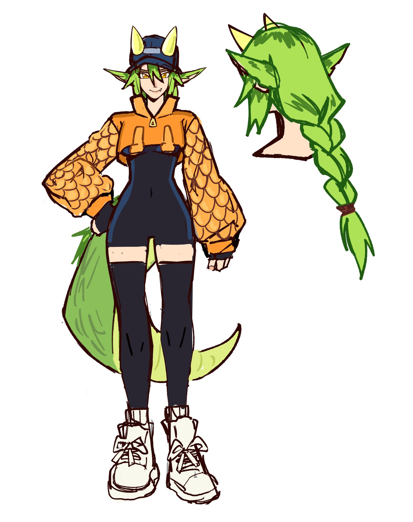the image is a character design sketch of a young woman with several distinct features that suggest a dragon or similar mythical creature.  she has bright green hair styled in a braid that extends below her waist, small horns or earlike protrusions on either side of her head, and a scaly orange jacket.  she's wearing a black short dress, black kneehigh socks, and white sneakers.  a separate sketch shows the green hair separately, highlighting the details of the braid and its texture. the overall style is animeinfluenced and casual, with a slightly rough sketchlike quality. the illustration appears to be a concept design for a character in a game, comic, or animation.