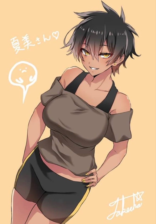 this is a digital illustration of a young anime girl. she has brown skin, black and brown hair, and yellow eyes. she is smiling and has a heart shape around her head, which implies that she is in love or happy. she is wearing a tank top and shorts, and is standing with her hand on her hip. she is looking at the viewer with a seductive expression. the background is a simple yellow color.