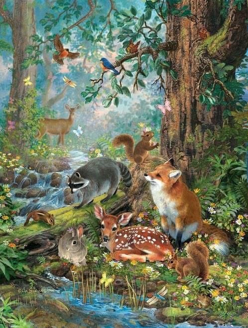 the image is a vibrant and detailed painting or illustration depicting a serene woodland scene.  a small creek flows through the center, surrounded by lush greenery, wildflowers, and various animals.  animals depicted include a deer fawn, a red fox, a raccoon, two squirrels (one is larger and in the background, the other is smaller and closer to the foreground), a rabbit, and a chipmunk. birds are perched on branches overhead, and butterflies and dragonflies add to the magical quality of the scene.  the overall atmosphere is peaceful and idyllic, showcasing a harmonious coexistence of various wildlife in a beautiful natural setting. the style is reminiscent of children's book illustrations or naturethemed artwork.