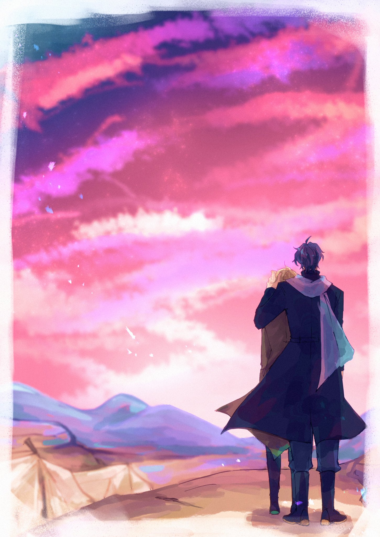 an anime image of two people standing on a hill overlooking a mountain range at sunset. the sky is a vibrant pink and purple, with fluffy white clouds. the two people are holding hands, and they are looking at the sunset together. they are both smiling and seem to be very much in love. the image is very romantic and peaceful.