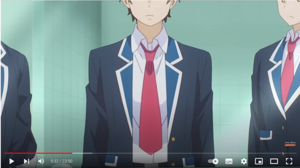 the image shows a screenshot from an anime, featuring three boys in school uniforms. they are wearing navy blue blazers with white accents, white shirts, and red ties. the background is a light teal color. the boys are standing in a line, and the perspective is from eye level. the lighting is bright.