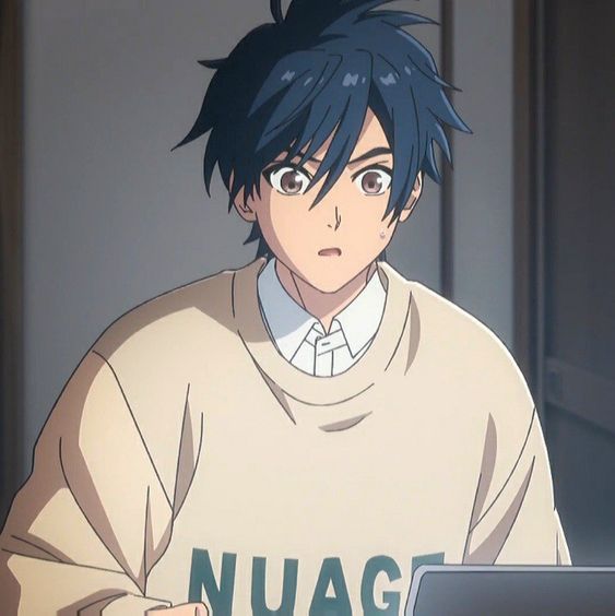 an anime character with dark blue hair and brown eyes is depicted with a surprised expression. he is wearing a creamcolored sweatshirt with a green logo that reads "nuage". he appears to be sitting in front of a laptop, though only the edge of the screen is visible. the image is cropped to a portrait format, focusing on the character's upper body and head. the lighting is soft, suggesting an indoor setting, and the color palette is muted, with a focus on neutral tones.