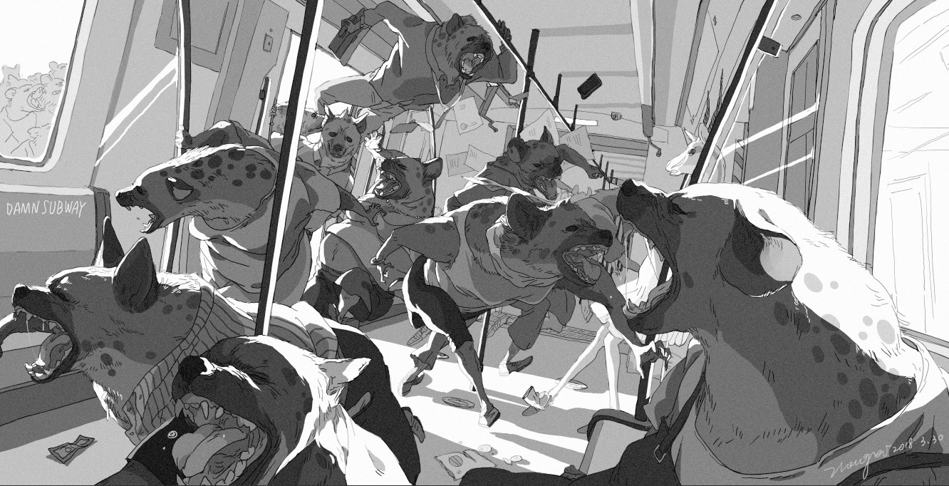 a black and white illustration of a chaotic subway scene. the illustration is filled with hyenas, a couple of humans, and a lot of commotion. the scene is filled with energy and movement, and the hyenas seem to be in a hurry to get somewhere.