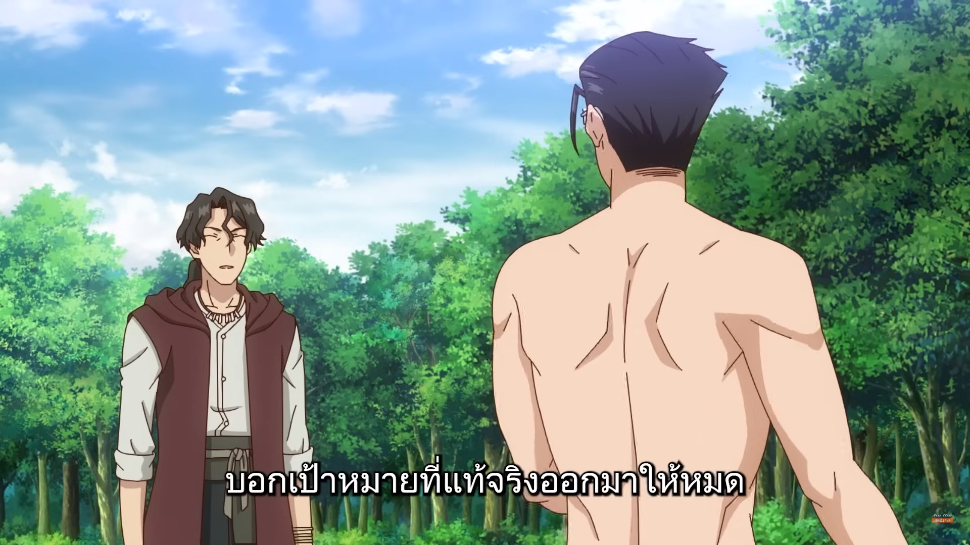 this is an anime scene showing two muscular men in a forest.  one man is facing the viewer, he has short black hair and is shirtless. the other man is facing the shirtless man. he has shoulderlength dark hair and is wearing a dark red vest and a white undershirt. the background of the image is a forest with bright blue skies. the image is subtitled in a foreign language.