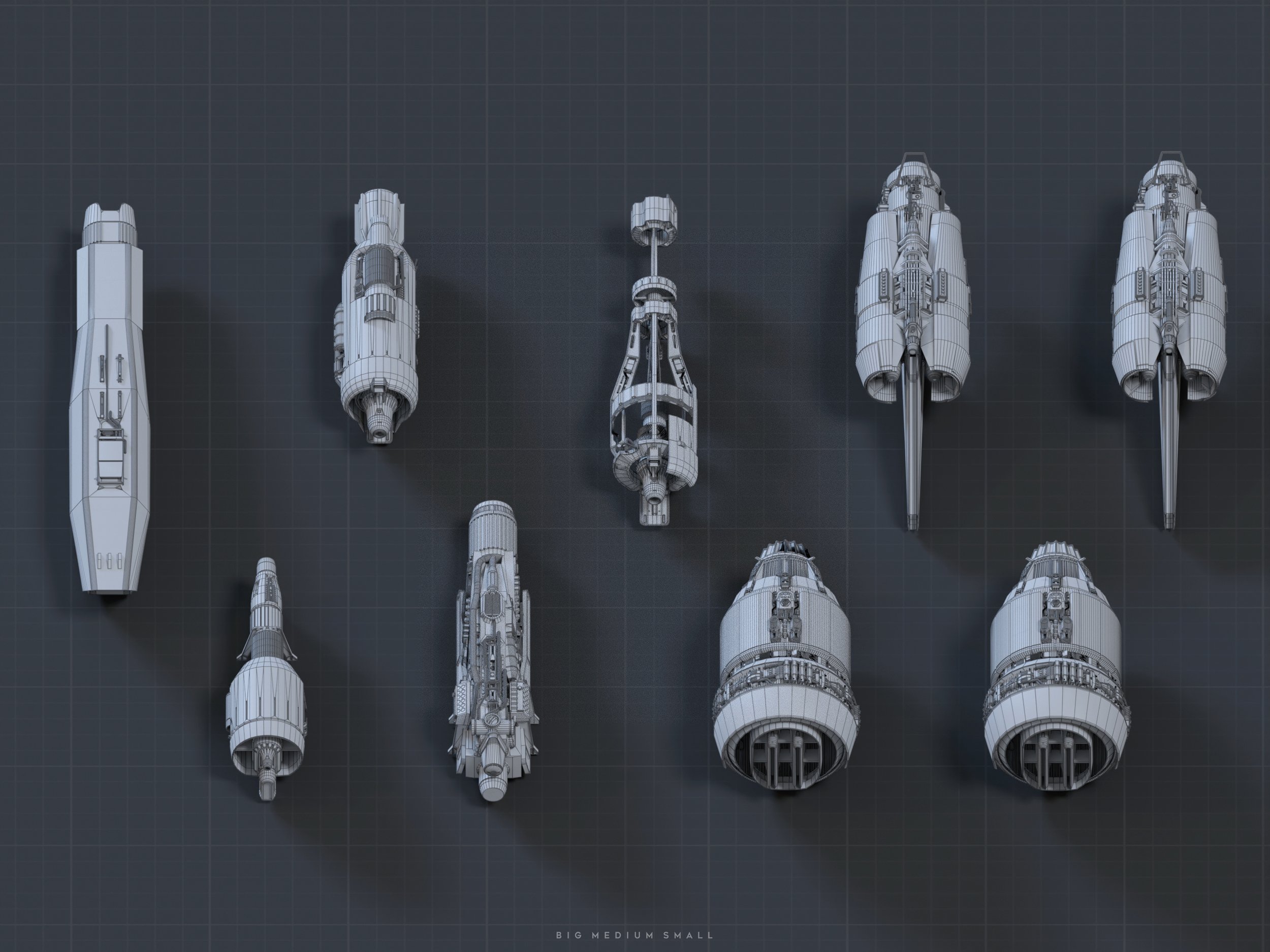 the image displays nine 3d wireframe models of various spacecraft designs, viewed from a topdown perspective. they are arranged on a dark gray grid background. the models vary significantly in size and shape, suggesting different functionalities or classes of vessels. the sizes are implied by the caption "big medium small," indicating a size comparison is intended. the wireframe style showcases the detailed design of each spacecraft's internal structure and external form, making it ideal for conceptual design review.  the overall aesthetic is clean and technical, consistent with a design or engineering workflow.