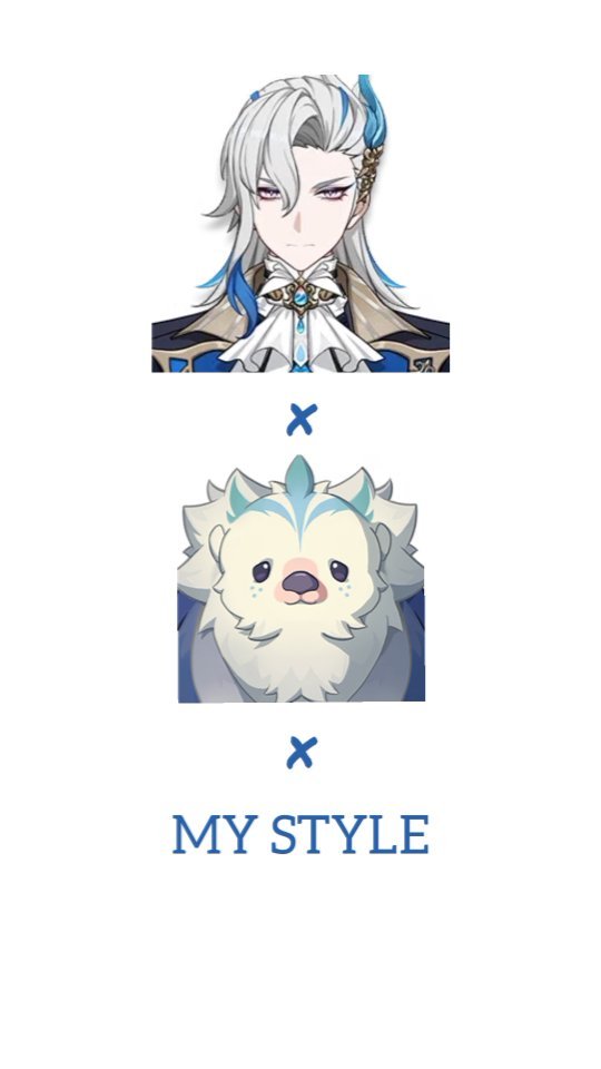 the image is a memestyle comparison showing two images stacked vertically, separated by "x" symbols. the top image is a portrait of scaramouche (kunikuzushi) from genshin impact, in his official art style. the bottom image is a chibistyle drawing of a creature (likely a fan interpretation of scaramouche or a related character), showcasing a different art style.  the text "my style" is below the second image, implying the bottom image represents a particular user's artistic style or interpretation. the overall composition suggests a playful comparison of official art and fan art.