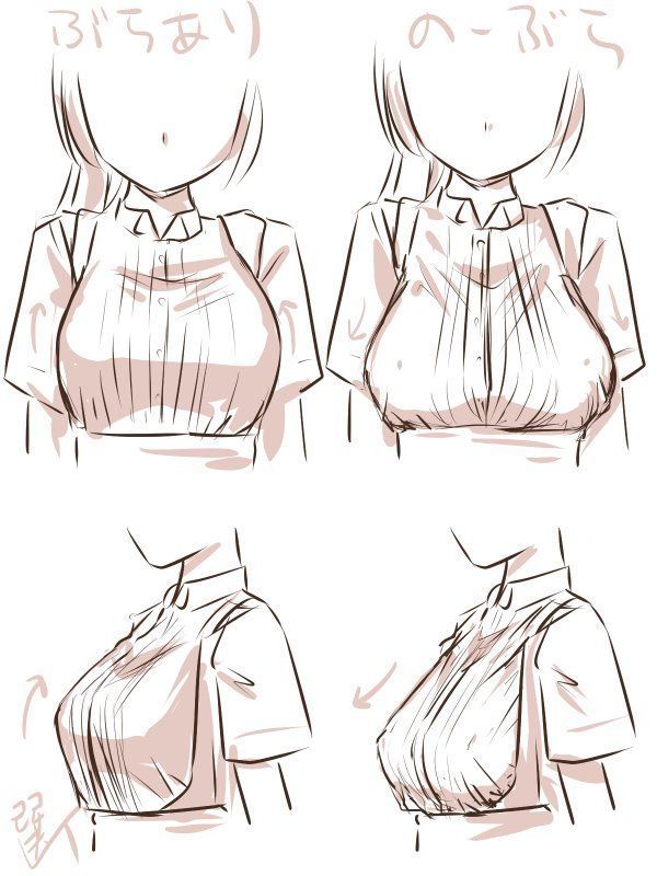 this is a drawing of an anime girl in various poses, each showcasing different ways a blouse can be worn to flatter the chest. the drawings use simple lines and shading to emphasize the shape and form of the clothing and the girl's body. the text on top of the images is in japanese and seems to be describing the different ways the blouse is styled. this could be interpreted as a fashion guide or an art study for artists learning to draw clothing and bodies.
