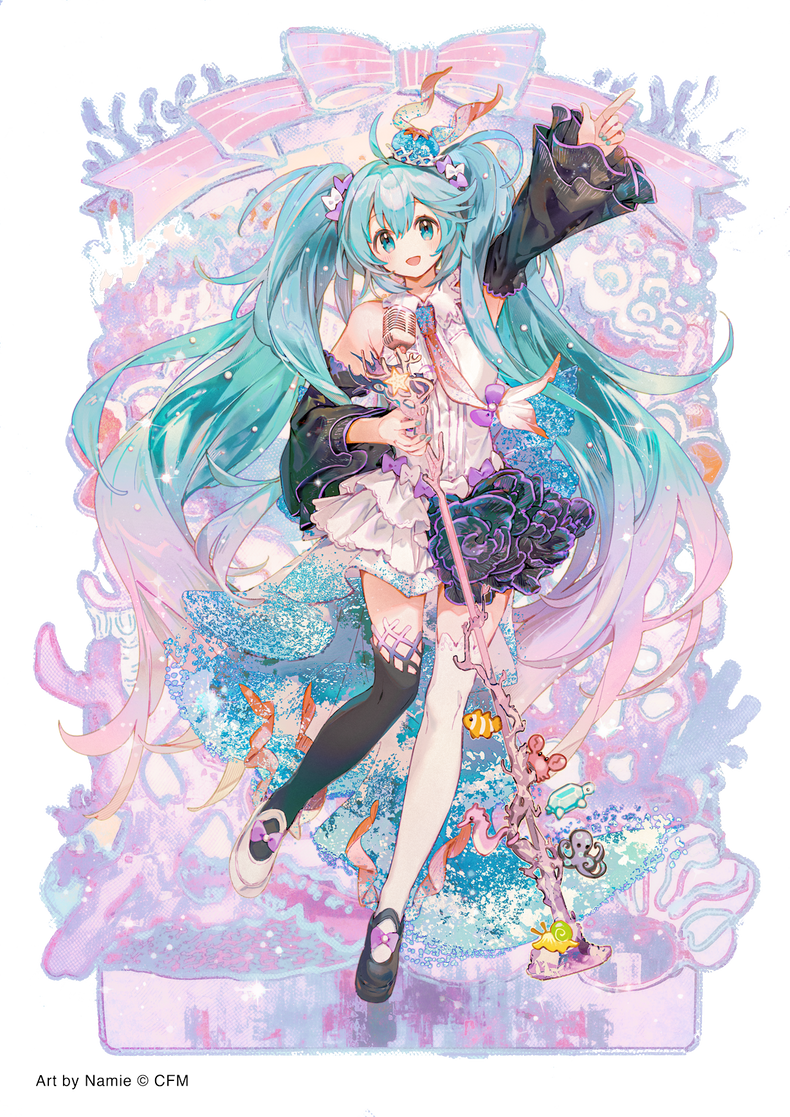 the image features a fullbody illustration of hatsune miku, an anime girl from the vocaloid series, depicted in a fantasy sea theme. she has long, flowing turquoise hair styled in twin tails, adorned with a crown and ribbons. she is wearing a black jacket over a white dress with frills, paired with black leggings on one leg and a bare leg on the other. miku is holding a wand decorated with sea creatures and ornaments. the background is an elaborate underwater scene with coral, fish, and other marine elements, creating a colorful and whimsical atmosphere. the artwork is in a detailed anime style.