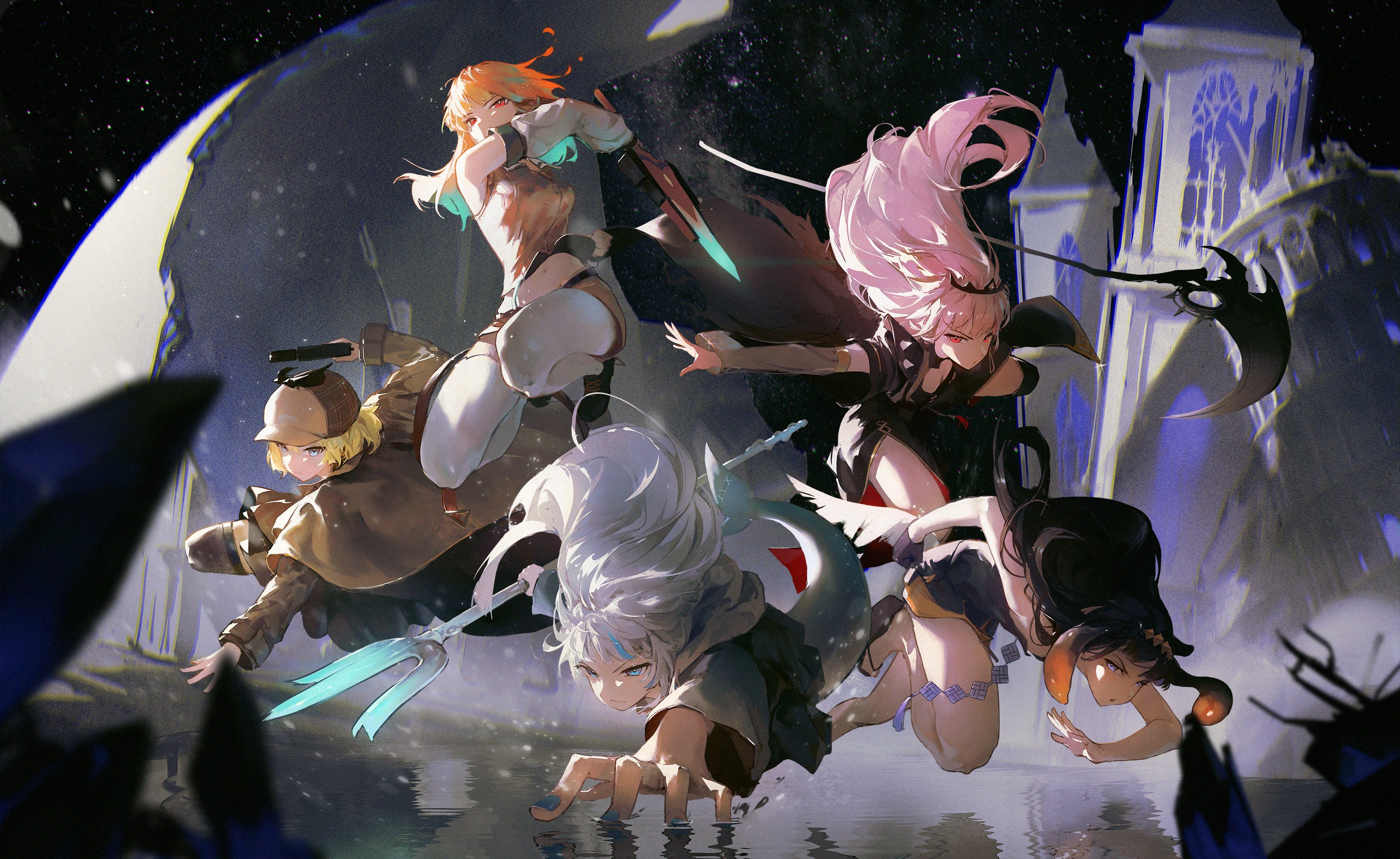 he image is a dynamic piece of digital artwork depicting five animestyle girls engaged in what seems to be a magical or fantasythemed battle.  each girl has a distinct appearance, costume, and weapon. one appears to be a detective, another wields a scythe, and others utilize various magical implements. the backdrop is a night scene with a ruined building, a moon, and stars visible, all reflected in the water below. the overall style is vibrant and actionpacked, emphasizing movement and energy.