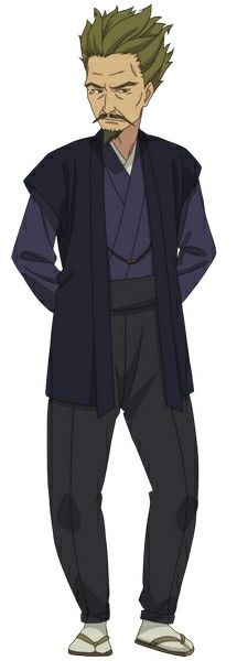 an anime character in black and white with green hair and a beard. he is wearing a black coat, black pants, and black shoes.