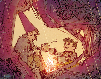 this illustration shows two fictional characters, one a gnome with a pointed hat, and the other a young boy, sitting by a fire in a cave.  the gnome is on the left of the image, and the boy is on the right. they are both looking at each other, and the gnome appears to be holding a small mug.  the rain is falling outside the cave, and there's a sense of coziness and friendship between the two.  the drawing has a whimsical, fantasy art style.