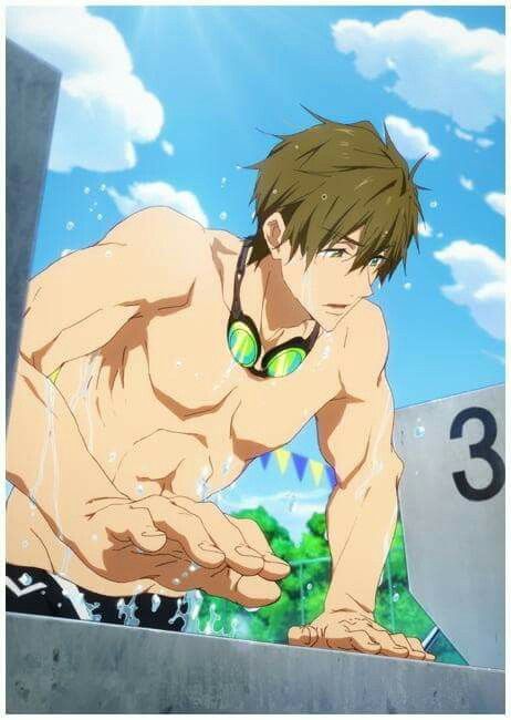 an anime character of a muscular young male swimmer is pictured shirtless with water droplets on his skin. he is wearing green goggles and is looking down as he readies for a race. there is a large "3" on the side of the pool deck near him.  the image is set against a bright, sunny outdoor background.