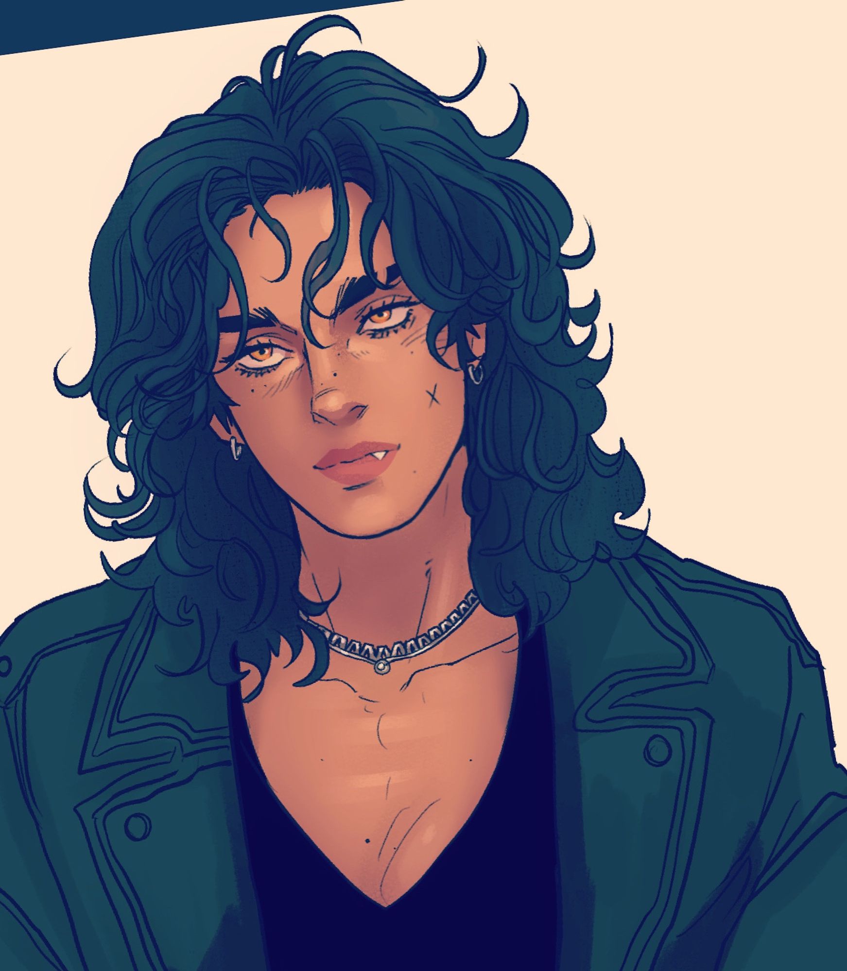 a cartoon illustration of a handsome male vampire with curly hair, earrings, a necklace, and fangs, wearing a jacket over a vneck shirt.
