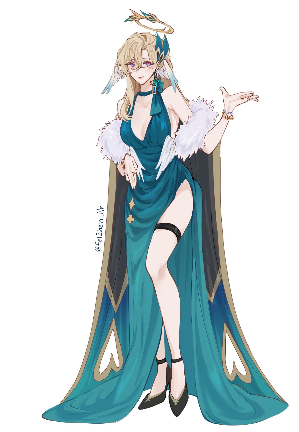 an illustration of a anime girl wearing a blue gown, with long blonde hair and white fur around her shoulders. she is wearing high heels and has a halo on her head. she is standing and looking at the viewer.