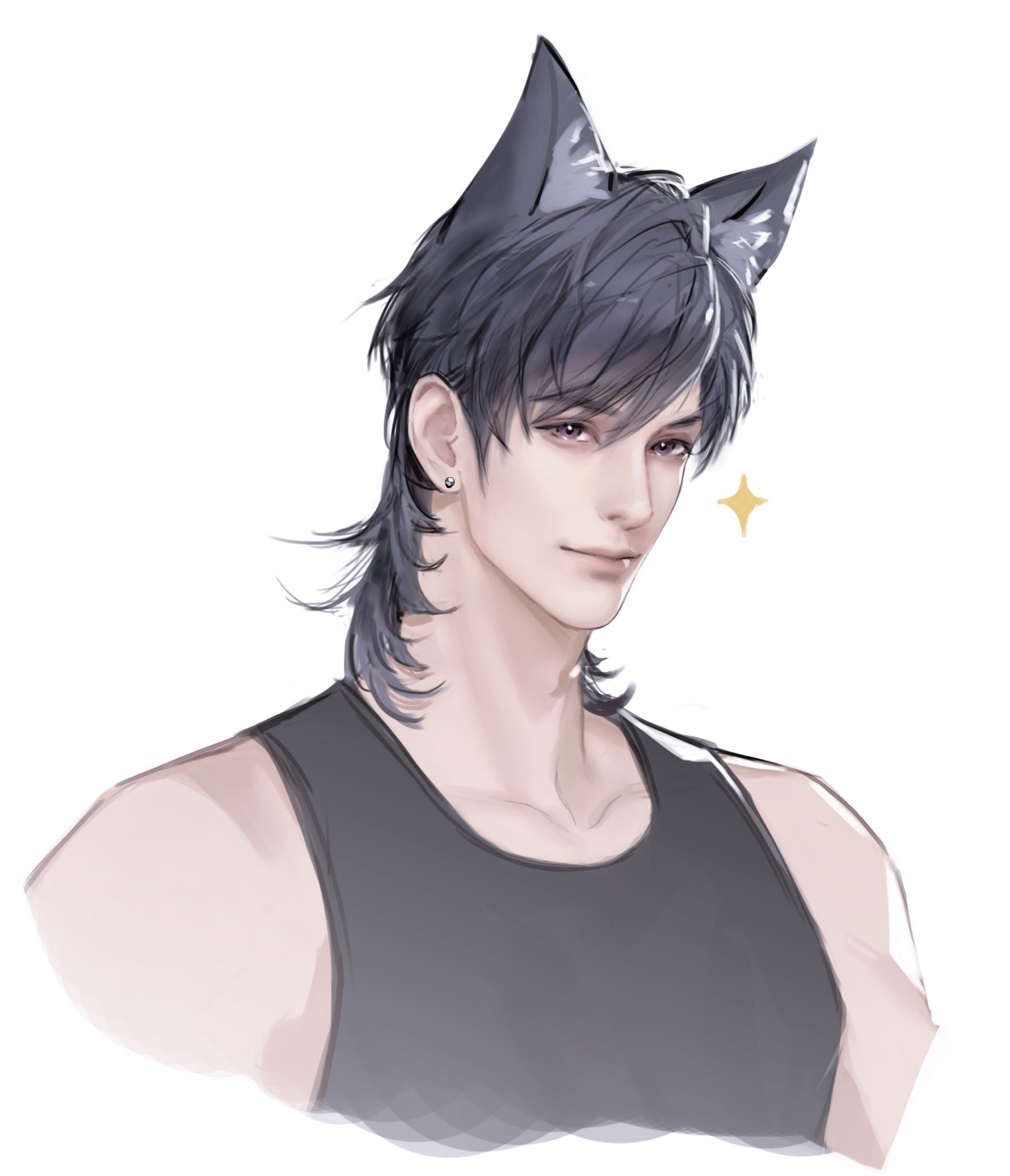 a closeup illustration of a young anime boy with short, dark grey hair. he is wearing a black tank top and has a pair of grey cat ears on his head. his face is tilted slightly, and he has a small, happy smile on his face. he has a grey background.