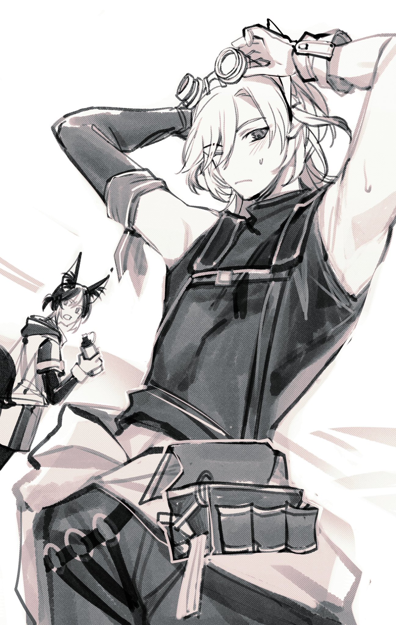 this is a black and white sketch of two anime characters. the character on the right is a male with white hair and goggles, and the character on the left is a female with black hair and cat ears. the male character is wearing a black and white outfit, and the female character is wearing a brown and white outfit. the characters are in a casual pose, and the female character is holding a small bottle in her hand. the sketch is done in a dynamic style, with a lot of movement and energy.