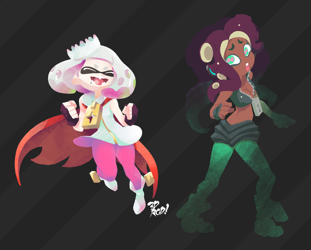 a digital illustration of two inkling girls from splatoon. one inkling girl is wearing a white and pink outfit with a red cape, and the other is wearing a purple and green outfit. they are both standing in a striking pose, and the girl in white has her arms raised.