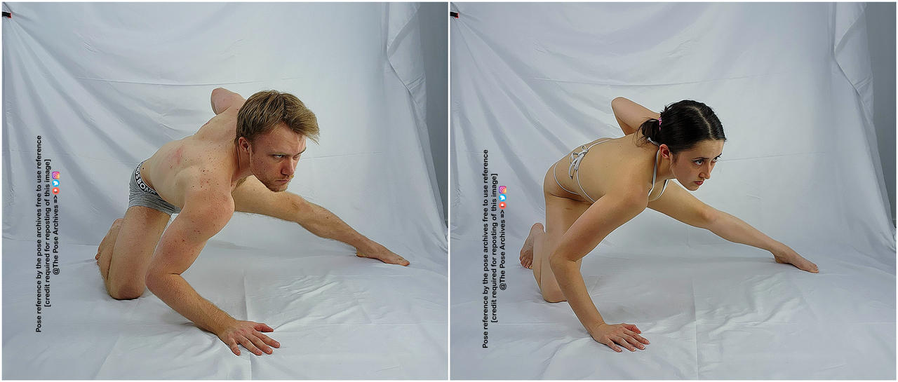a white male and a tanned female are positioned in a dynamic crouching pose against a white backdrop. they are both reaching forward with their right hand, while their left hand is planted on the ground for support. the man is wearing grey underwear, and the woman is wearing a beige bikini top and bottoms. the image appears to be a reference for artists.