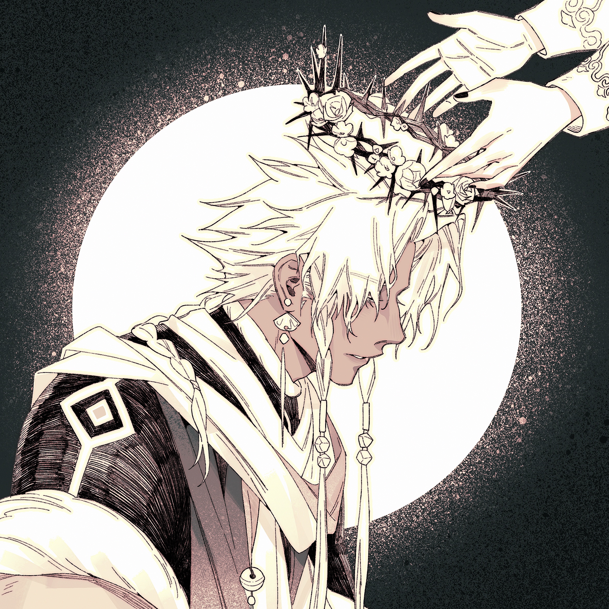 a closeup drawing of an anime character wearing a white crown with flowers, they have white hair and their head is bent down. their expression is sad and they are looking down at their lap. someone else is holding up the crown on their head. the image is a digital illustration with a black background and a white moon behind the character.