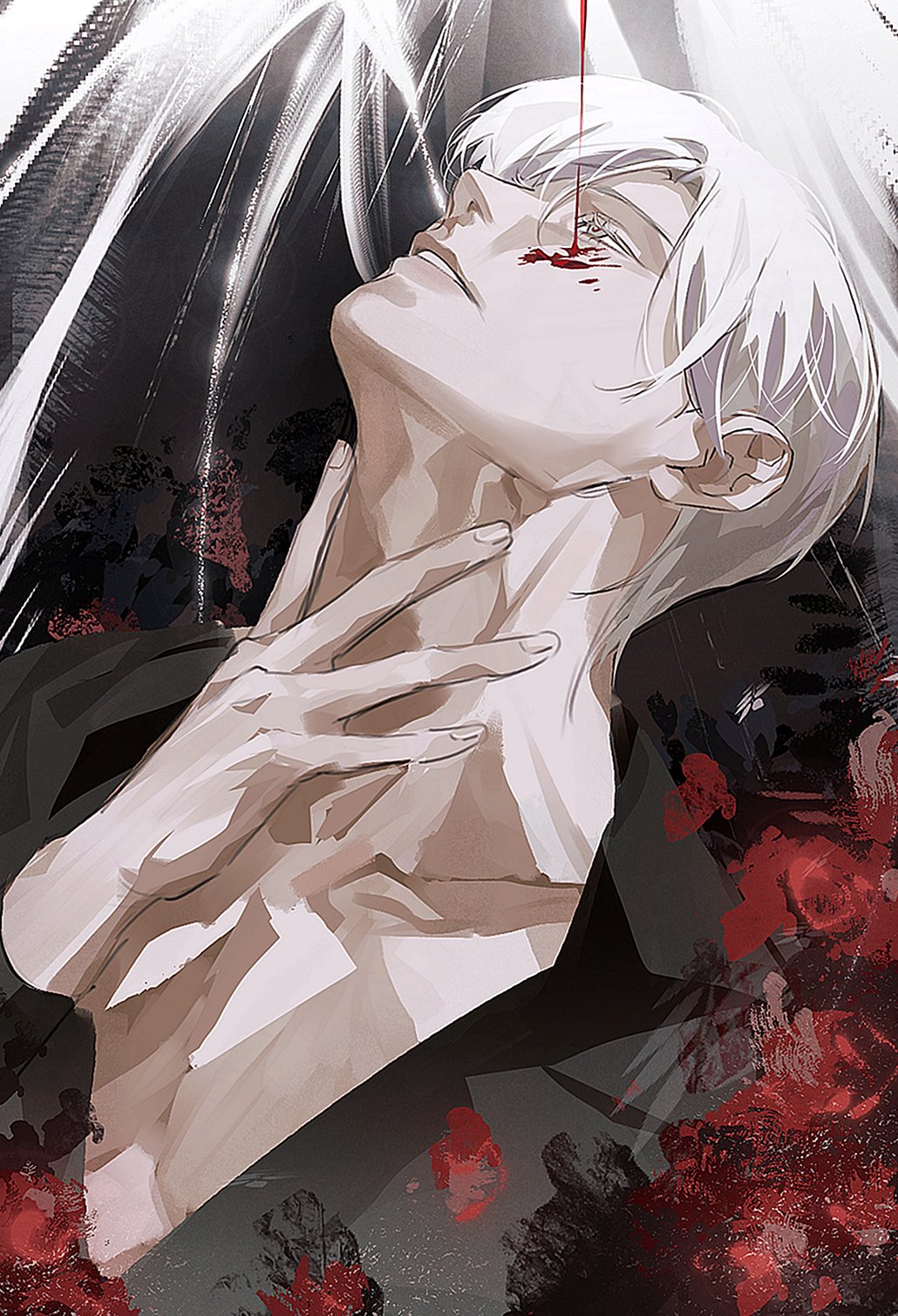 he image is a dramatic, stylized portrait of a young man with white hair. he has a bloody injury near his eye, and his hands are raised to his throat. his expression is one of pain or suffering, yet there's also an element of elegance to his pose. the background is dark and moody, with splashes of red that suggest blood or violence. the overall style of the artwork is anime or mangainspired, with a focus on expressive lines and a muted color palette.