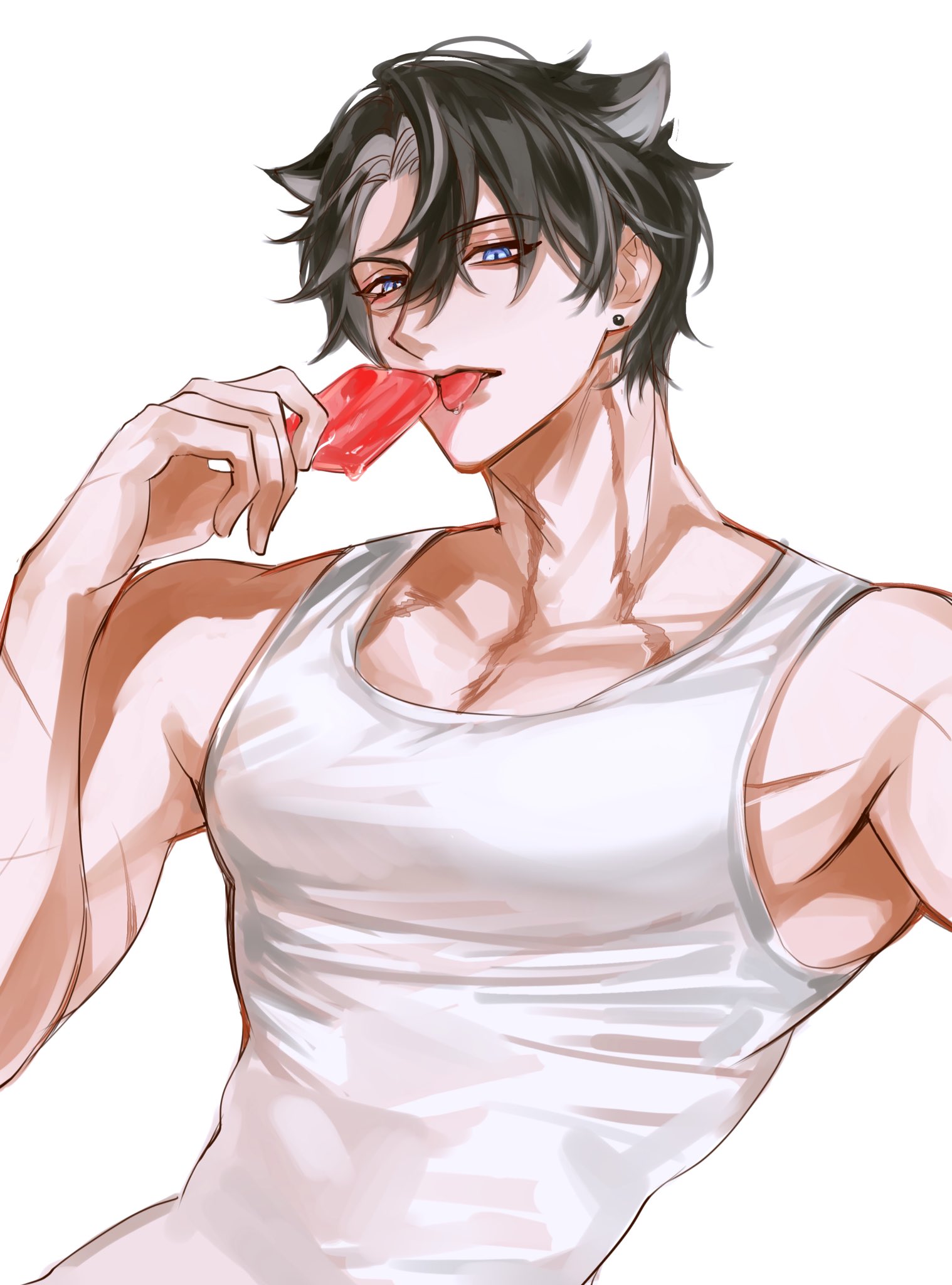 this animestyle illustration shows a handsome young man with black hair, blue eyes, and a red popsicle in his hand, looking at the viewer with a playful, seductive smile. he is wearing a white tank top that shows off his muscular chest and abs, and his expression is both charming and confident. the artwork is rendered in a soft, painterly style with warm colors and a subtle background, highlighting the subject's beauty and personality. the overall impression is one of summery fun and youthful energy.