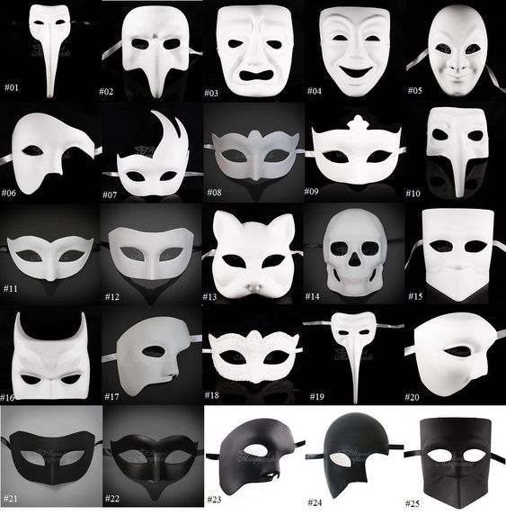 the image shows a collection of 25 masquerade masks arranged in a 5x5 grid. the masks vary in style, color (white and black), and design. some masks feature animallike elements such as cat ears, while others have facial expressions molded into them. one mask is shaped like a skull, and some masks are venetian style.