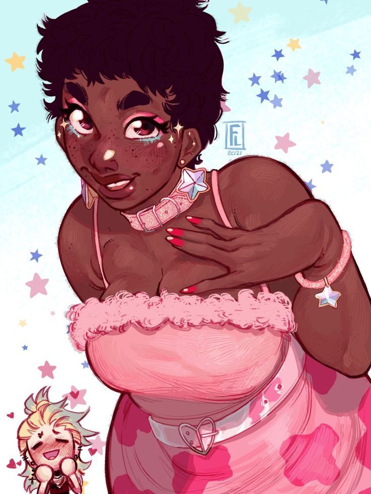 a cartoon illustration of a black woman with short afro hair and freckled skin. she is dressed in a pink cowprint dress with a fluffy collar. she has a choker and is wearing a sparkly blue star charm bracelet. she is wearing makeup and has glitter on her eyes. she is smiling happily. there is a cute cartoon of a smaller girl in the lower left corner. the background is a light blue with a scattering of stars.