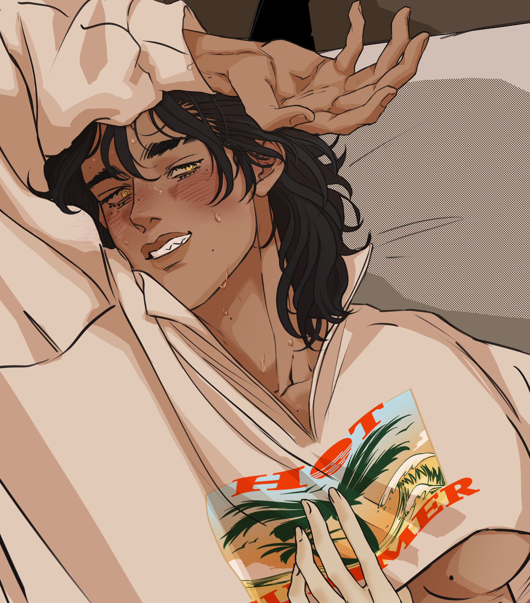 a digital art drawing depicts a darkskinned man with black hair and golden eyes lying down in a slightly opened pajama shirt with a "hot summer" graphic on it. he is sweating, with his face flushed, and his hand is resting on his forehead. another hand is visible near his chest.
