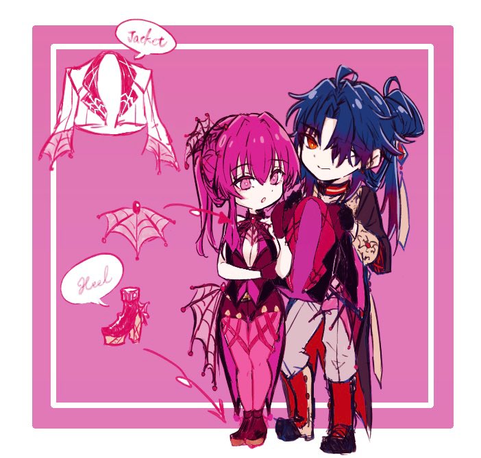 the image shows a cartoon couple in a gothic style. the woman has pink hair and a pink dress with spiderweb patterns. she is wearing black shoes with heels. the man has blue hair and is wearing a black jacket with white spiderweb patterns and brown pants with white boots. they are standing next to each other and are holding hands. the image is set in a pink background with a white frame. there are sketches of the woman's shoes and the man's jacket. the woman has a cute smile and the man has a gentle expression. the image is full of love and sweetness. it is a beautiful illustration that captures the essence of romance and fantasy.