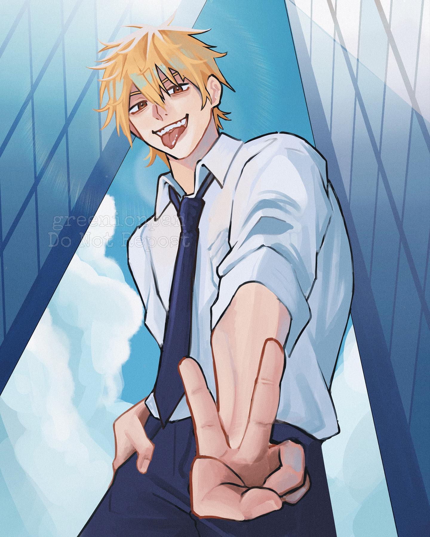 this is a digital illustration of an anime male character. he has blonde hair, blue eyes, and is wearing a white shirt and blue tie. he is standing in front of a cityscape, with skyscrapers visible in the background. he is making a peace sign with his right hand, and is looking directly at the camera. the art style is vibrant and colorful, with a focus on detail.