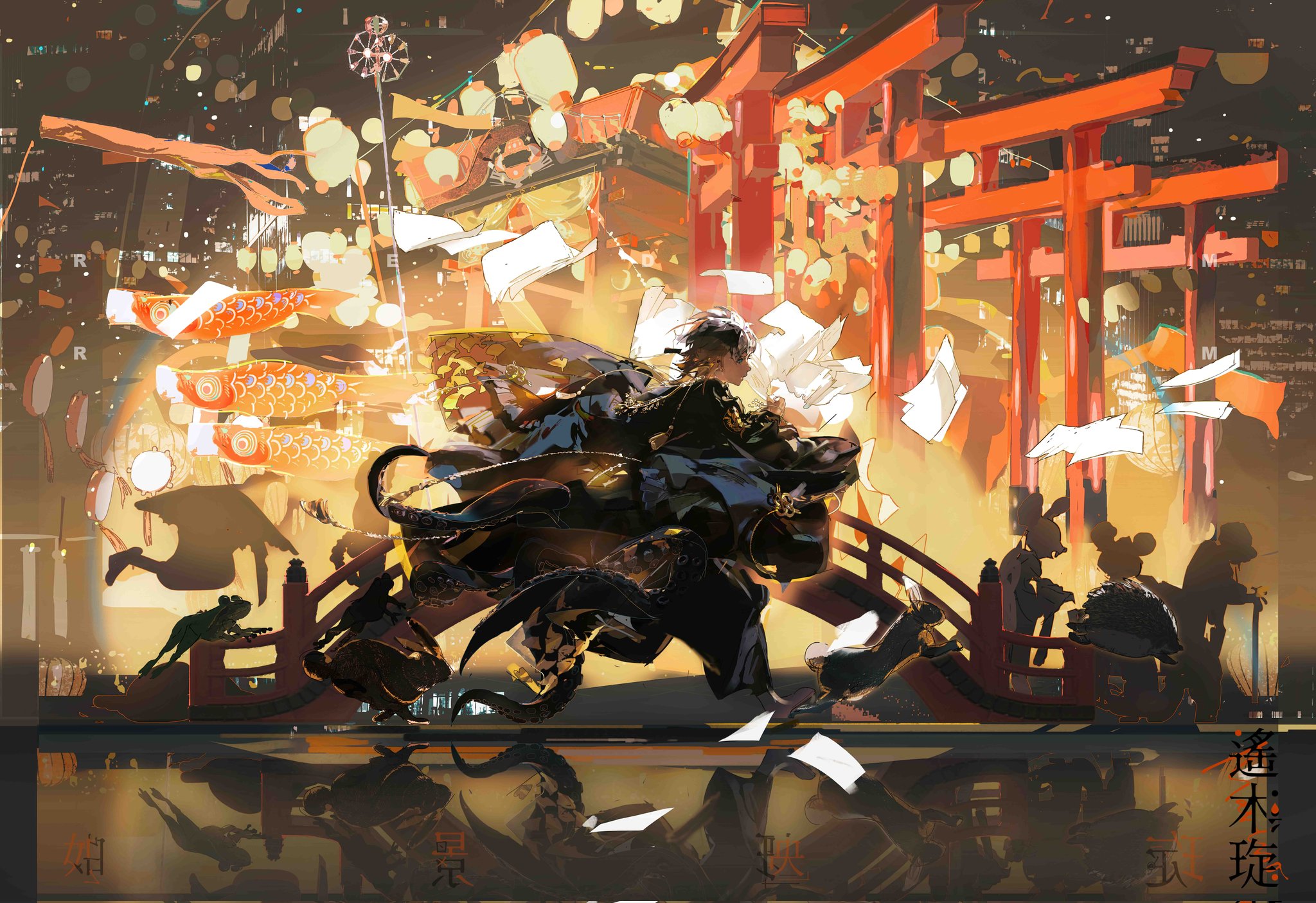 the image depicts a dynamic scene at a japanese festival. a young man in dark clothing, possibly a kimono, is dashing across a bridge adorned with lanterns and paper decorations. the scene is alive with movement, implied by the man's pose, the flowing fabric, and the scattered papers. a warm, golden light emanates from the festival lanterns, illuminating the scene and casting dramatic shadows. behind the bridge, we see silhouettes of other festivalgoers and the towering torii gates that mark the entrance to a sacred space. in the background, a nighttime cityscape provides a stunning backdrop to the festivities. the overall atmosphere is one of excitement, energy, and a touch of magic.