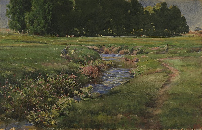 a watercolor painting depicts a serene landscape with a winding stream in the foreground, lush green fields, a line of trees in the background, scattered cattle grazing, and a walking path. the foreground includes blooming flowers. two people sit near the stream.