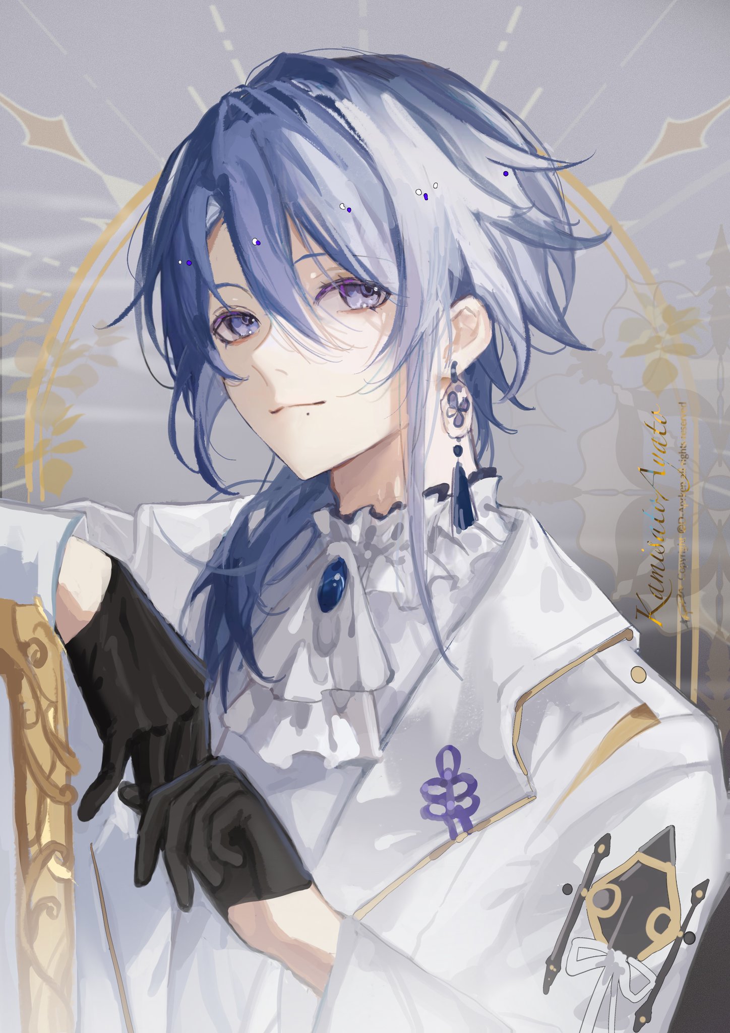 this is a digital illustration of an anime male character. he has blue hair, purple eyes, and is wearing a white shirt and black gloves. he is sitting in a golden chair, and is wearing an earring and a pin. he is looking at the viewer. there are flowers and other decorative elements in the background. the style of the illustration is very colorful and detailed.  the character is welldrawn with a charming and fashionable appearance.