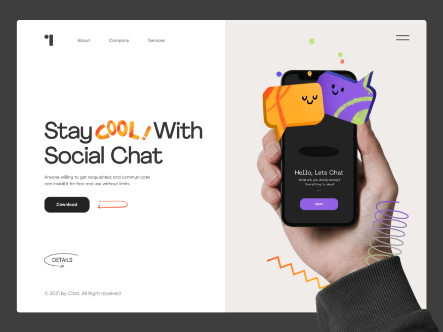 this is a mockup of a website for a social media app. it features a mobile phone in a hand holding the app and a call to action to download it. the website also includes information about the app and a tagline "stay cool with social chat".