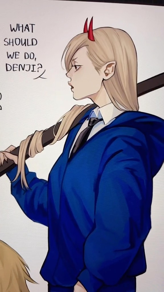 he image shows an animestyle drawing of a young woman with long blonde hair and devil horns. she's wearing a blue hoodie and a collared shirt underneath, and has a long dark object slung across her shoulder. a speech bubble next to her head says "what should we do, denji?". the art style is clean and detailed, with soft shading and highlights. the overall mood is serious or contemplative.