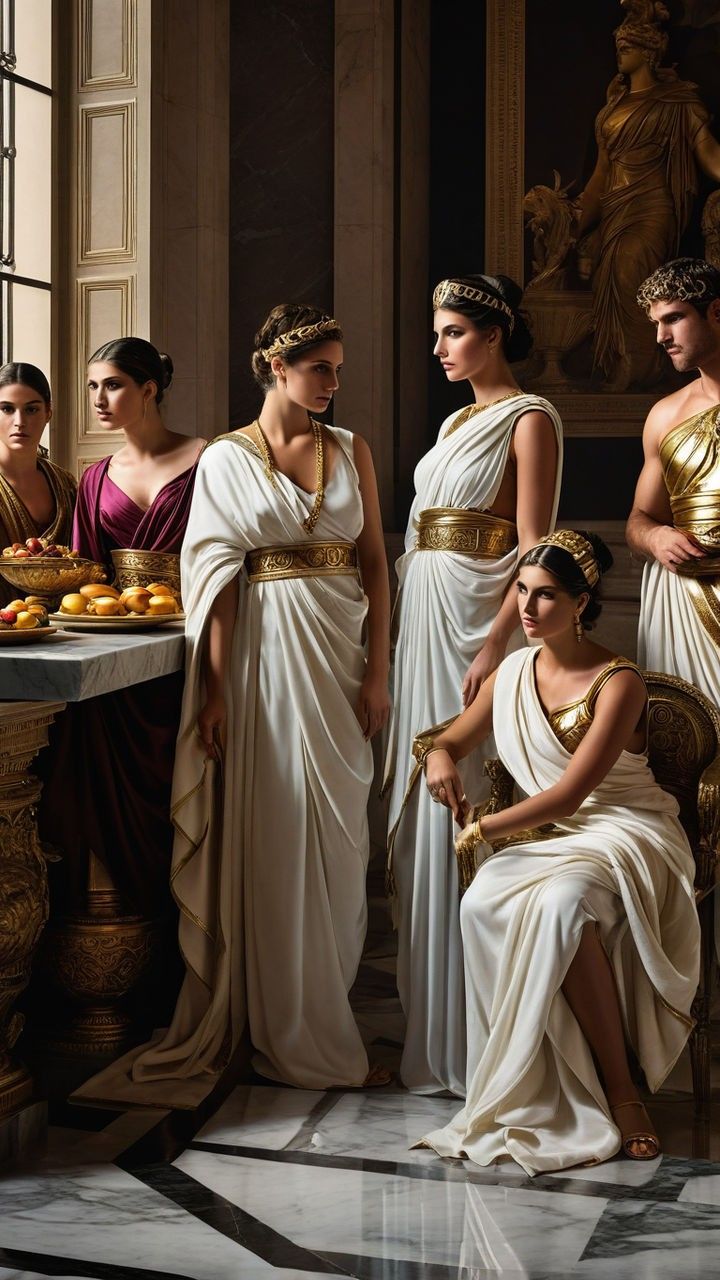 a group of people are dressed in togas in what appears to be an ancient roman setting. there are women wearing white or purple togas with gold accents and headwear, and one man wearing a gold toga. a woman is sitting in a chair in the foreground. a marble countertop with fruit is visible on the left. in the background, a gold statue is present. the scene is set indoors with marble flooring and pillars.