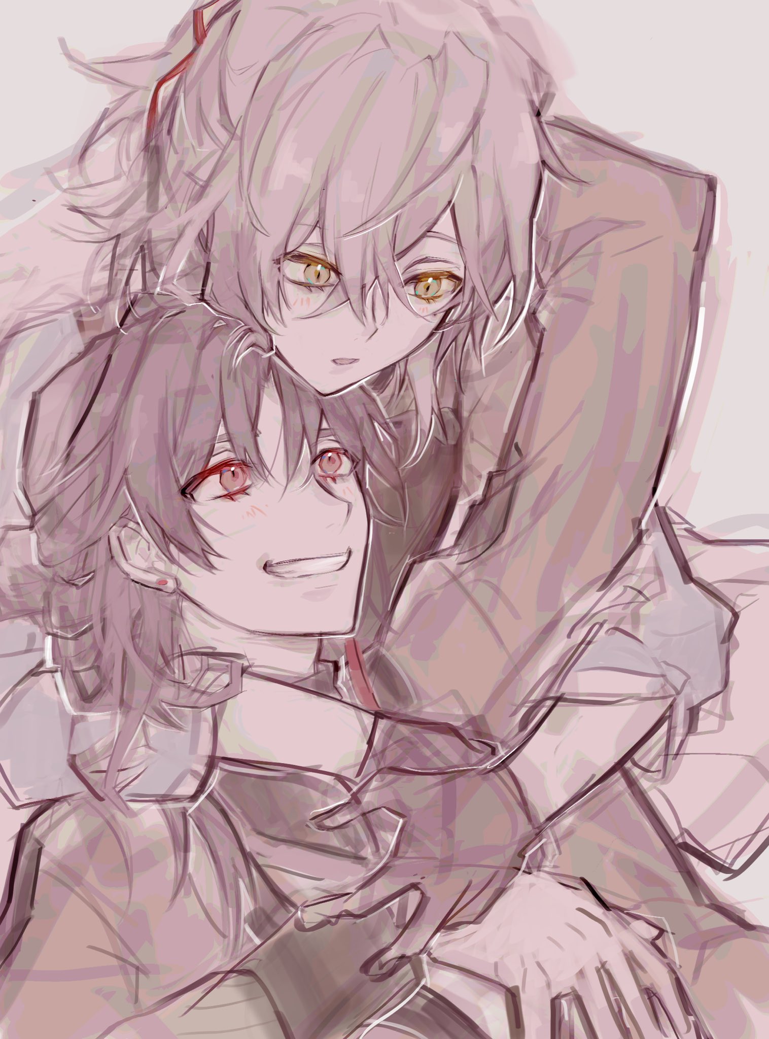 the image depicts a heartwarming scene of two anime boys sharing a close embrace. the boy with pink hair is gently leaning in towards the boy with dark hair, their faces close together as if they are about to kiss. the light, blurry background accentuates their closeness and creates a sense of intimacy. their soft smiles and intertwined fingers suggest a deep connection and affection between them. the overall tone of the image is romantic and sweet, depicting a tender moment between two individuals who care deeply for one another.