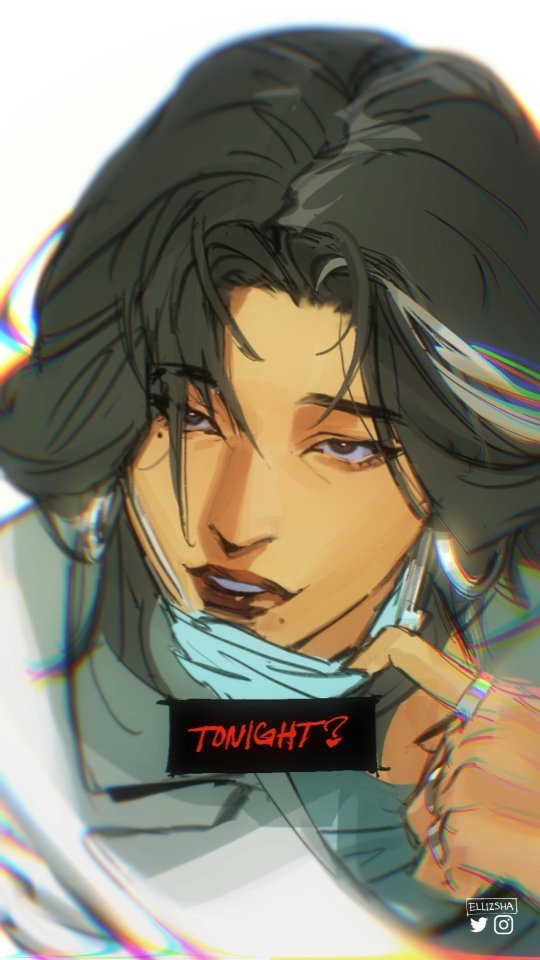 the image is a digital illustration or fanart featuring a stylized portrait of a woman with long dark hair. her style blends anime and manga influences.  she appears to be a medical professional, wearing lightcolored scrubs and a partially covering face mask. her expression is a confident and slightly seductive smirk. a text overlay reading "tonight?" in a red, graffitilike font is prominently placed on her clothing. a rainbowcolored glitch effect is present around the edges of the image, adding a surreal or digital distortion. the artist's signature, "elliesha," is visible in a small watermark in the lower right corner.  the overall mood is intriguing and slightly mysterious.