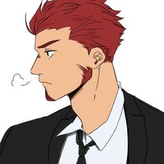 the image is an animestyle drawing of a man with spiky red hair and stubble. he is wearing a suit and tie and appears to be annoyed or frustrated as indicated by his furrowed brow and the puff of air coming from his nose.