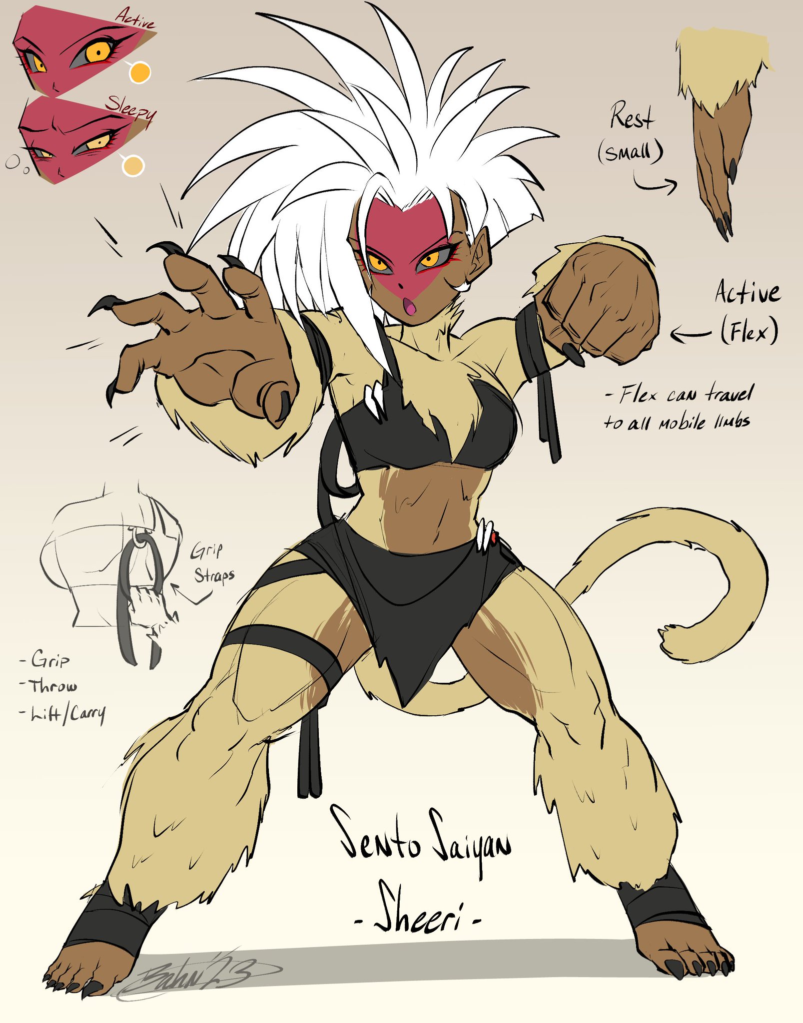the image shows a female saiyan character with monkeylike features. she has a long white tail, strong muscles, and is posing in a fighting stance. the image is drawn in anime style and includes notes about the character's abilities. the character's name is "sento saiyan sheeri".