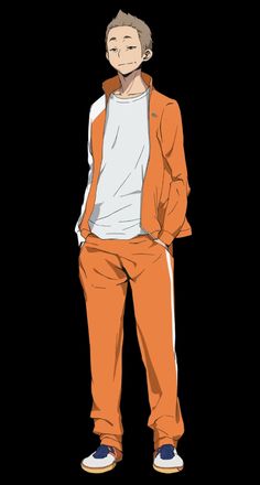 this is an image of neito monoma from my hero academia. he is shown from the shins up, wearing his orange school tracksuit and a smug expression. the background is black.