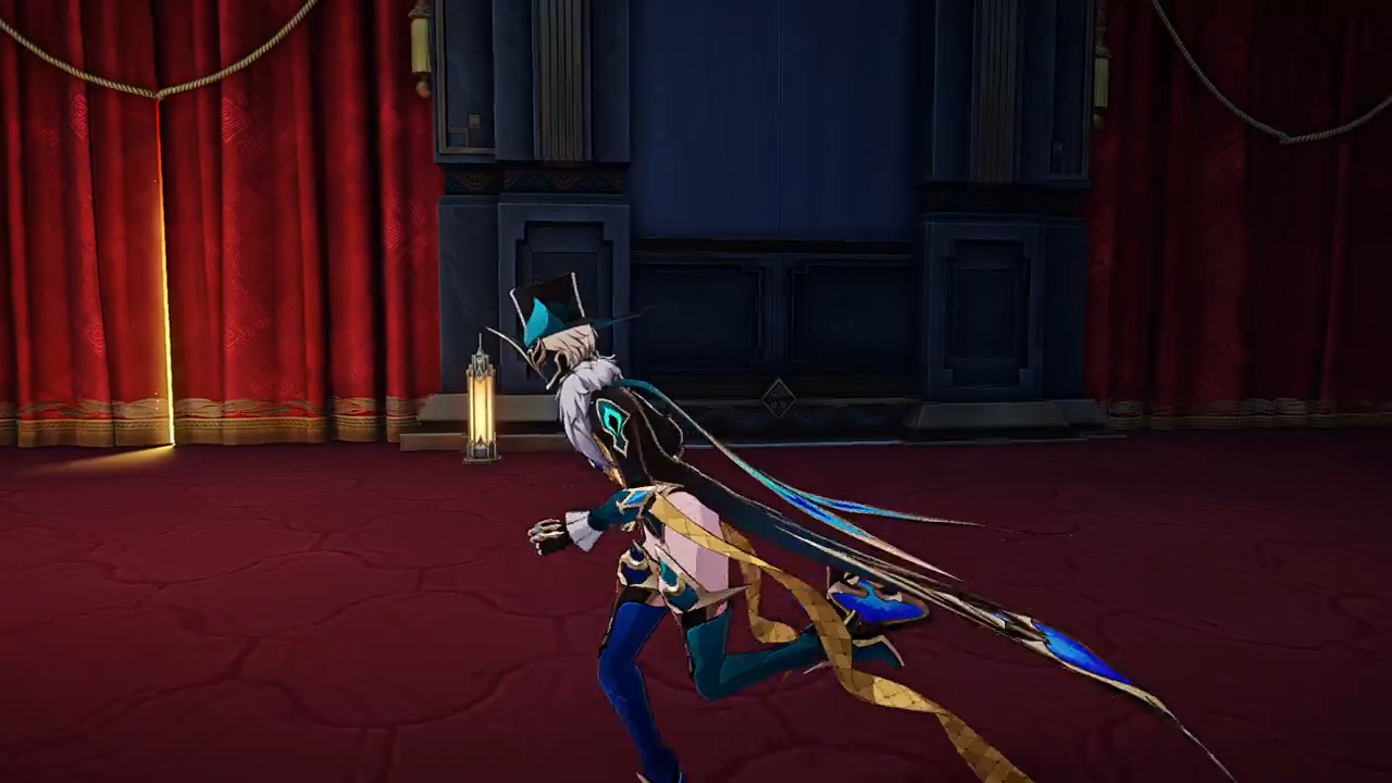 a video game character is running in a dark room with an ornate blue cape, black and white outfit, a yellow sash, and a blue and white hat. the character is running to the right of the screen. there is a red velvet curtain behind the character on the left.  the floor is a dark red.  the image is taken from a video game and has a dark and dramatic feel.