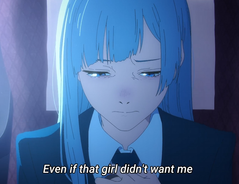 a closeup shot of an anime girl with bright blue hair and a sad expression, on the verge of tears. she is wearing a dark school uniform with a white collar and tie. the soft lighting emphasizes her melancholic mood. she is holding something small in her hands, possibly a phone. the accompanying text reads, "even if that girl didn't want me," suggesting a feeling of unrequited love.