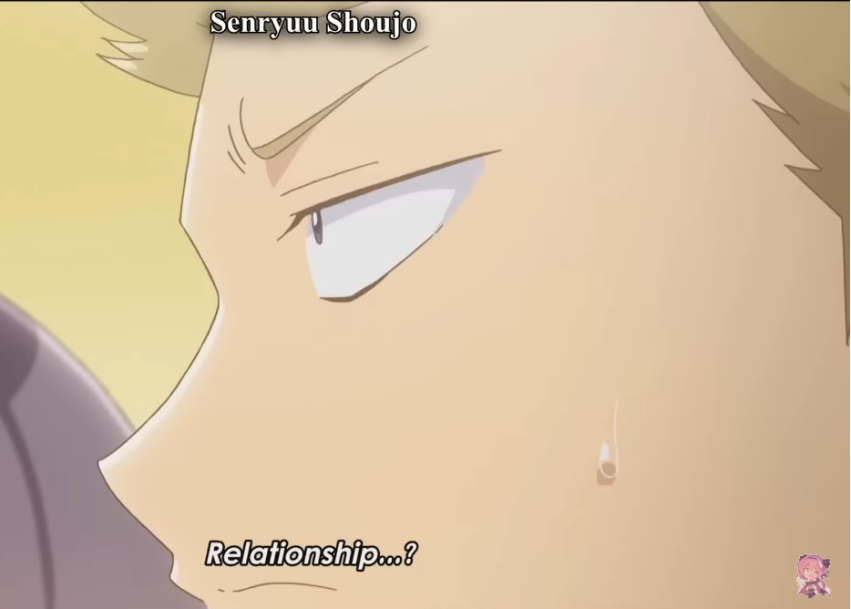 a screenshot from the anime "senryuu shoujo" showing a closeup of a blondehaired male character in profile. he appears nervous or flustered, with a bead of sweat trailing down his temple. a thought bubble next to him reads "relationship...?" in english. the art style is typical of anime, with large eyes and simplified features. the color palette is soft and warm, with light pinks and browns dominating.