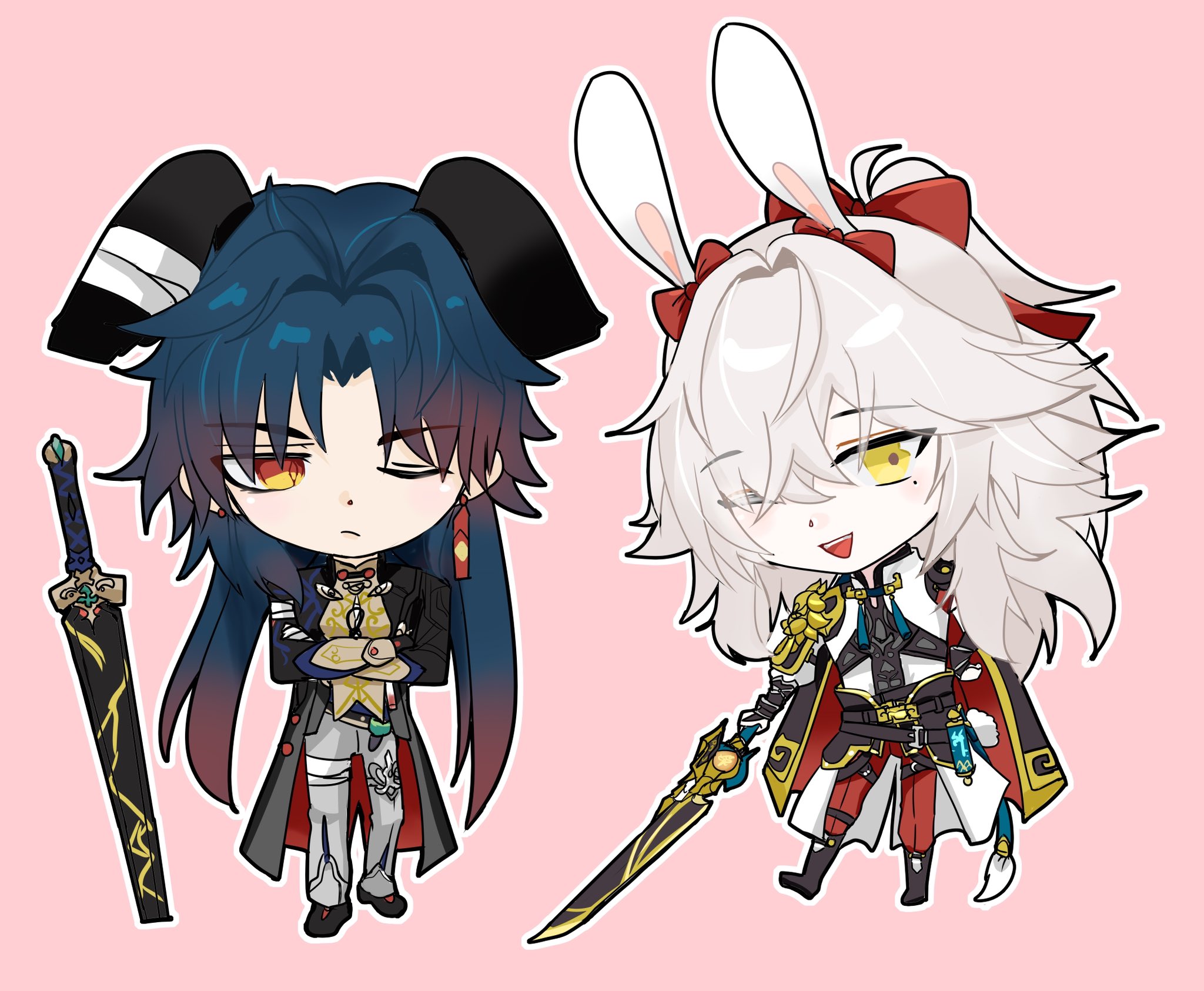 the image shows two chibi anime characters. one is a male character with blue hair, a black and red coat, and a sword. he has a serious expression on his face. the other character is a female character with white hair, a red and white dress, and a sword. she has a playful expression on her face. the background is a light pink color.