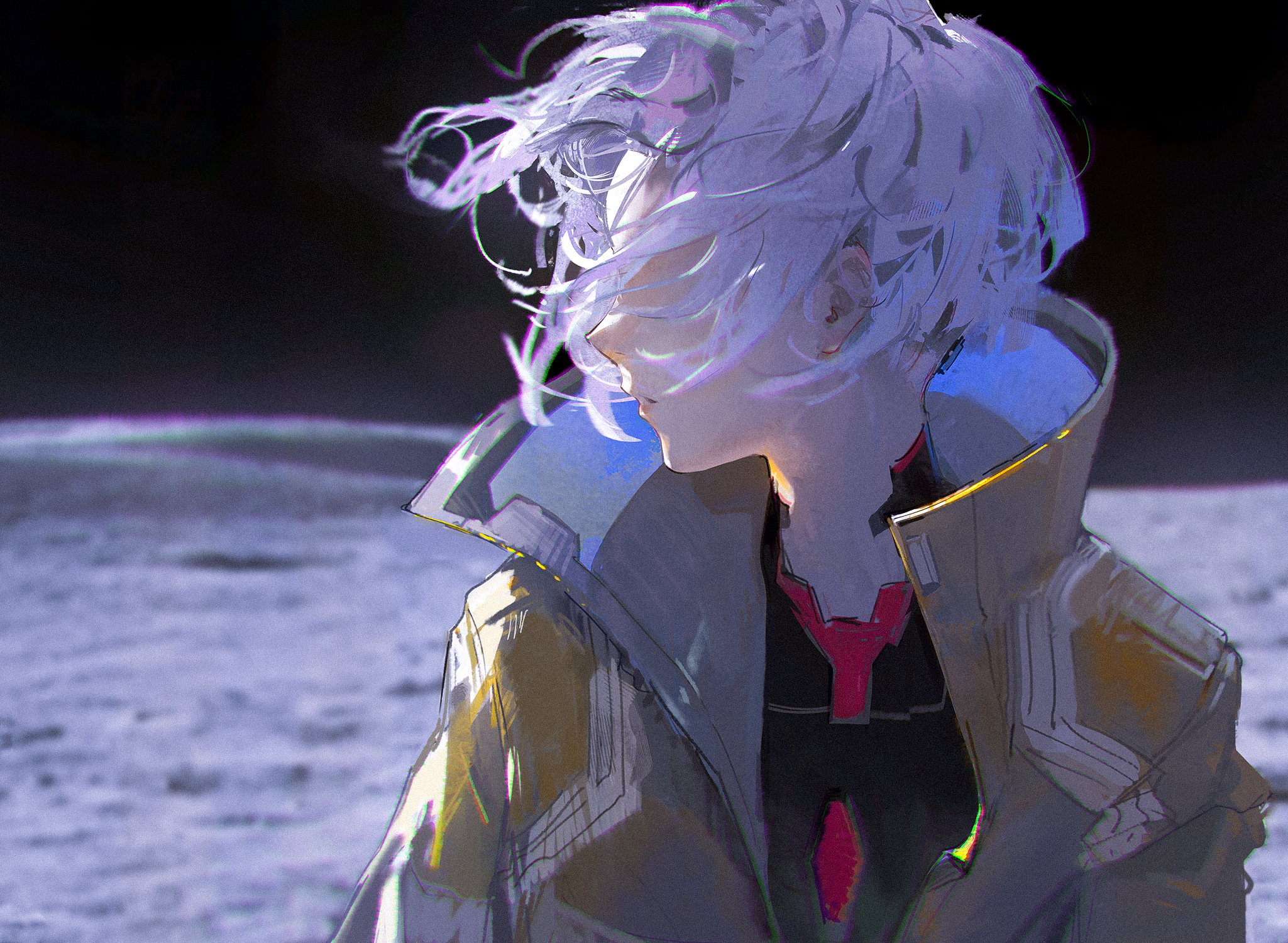 a digital painting of an anime girl with white hair wearing a jacket, standing on the moon. the background is a moon landscape with a faint starry sky. the artwork has a futuristic, fantasy aesthetic.