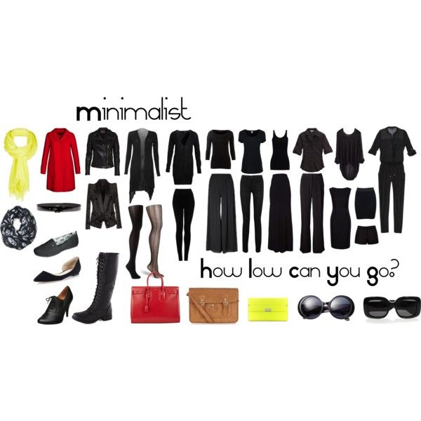 the image is a visual representation of a minimalist wardrobe. it features a curated selection of clothing and accessories in a limited color palette of black, red, and yellow. items include tops, jackets, pants, skirts, dresses, shoes, scarves, and bags, suggesting a versatile and streamlined approach to fashion. the text "minimalist" and "how low can you go?" are also present.