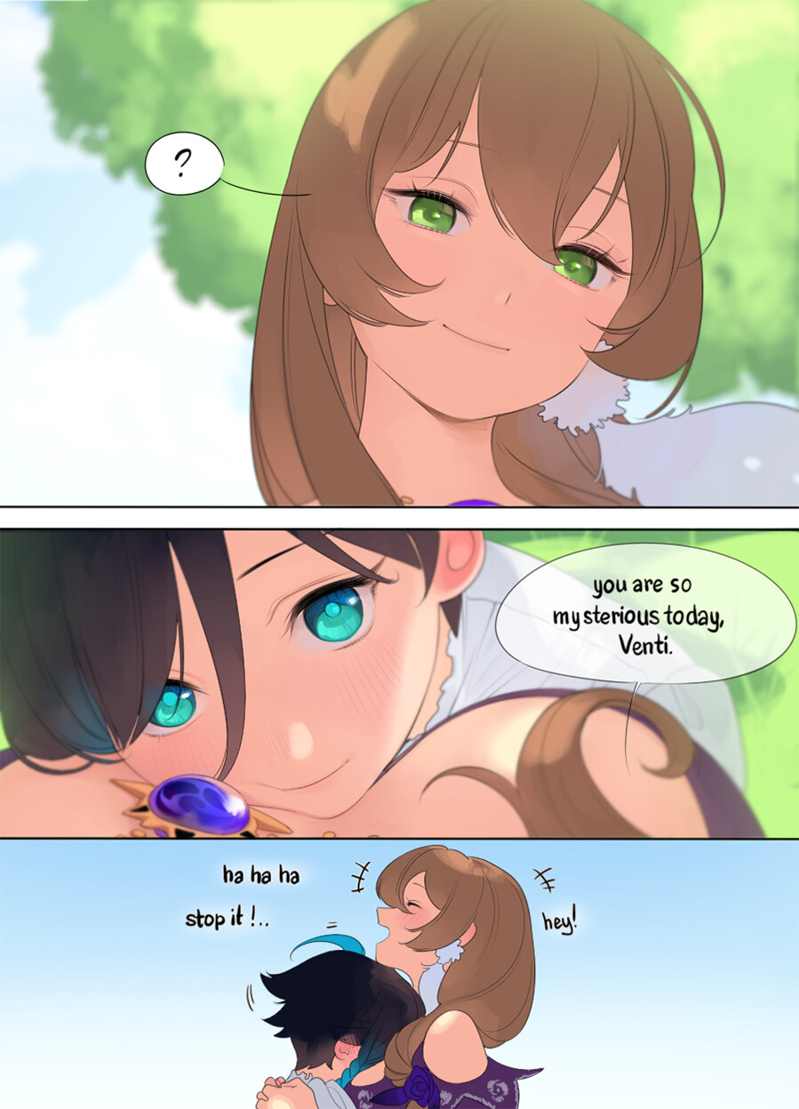 the image shows a threepanel comic featuring three girls. the top panel shows a closeup of a girl with long brown hair and green eyes, smiling subtly with a questioning thought bubble above her head. the middle panel features a different girl with dark hair and bright blue eyes looking up at the first girl with an infatuated expression. she comments on how mysterious the first girl seems that day. the bottom panel shows all three girls together, with the middle girl still clinging to the first, who is blushing and looking away playfully. the third girl, also with brown hair, observes the scene with amusement. the overall atmosphere suggests a lighthearted and affectionate relationship between the girls.